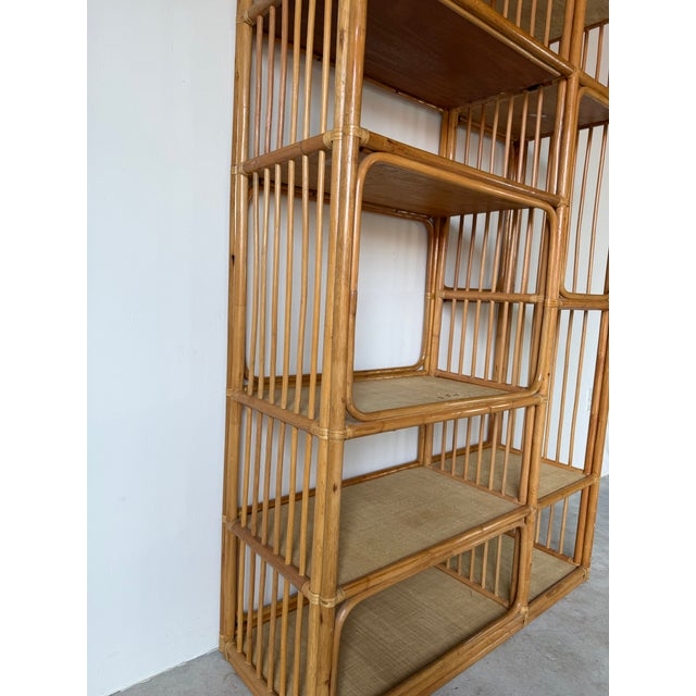 Brown Large- Vintage Coastal Rattan Bookcase Étagère With Cane Shelves For Sale - Image 8 of 12