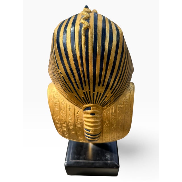 Gold Vintage Egyptian Revival Pharaoh Bust Sculpture | Gold & Black Tutankhamun Style Figure on Wood Stand For Sale - Image 8 of 10
