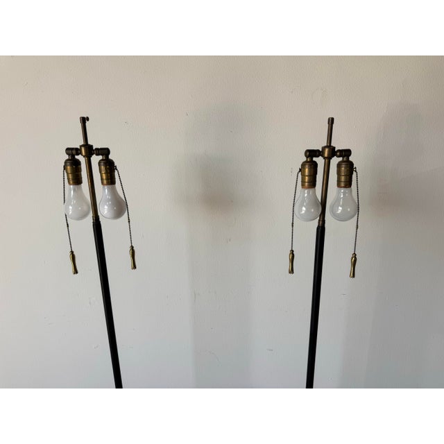 Metal 1980s Vintage Metal Tripod Floor Lamps With Double Socket & Brass Pull Chains – A Pair/ Sold For Sale - Image 7 of 12