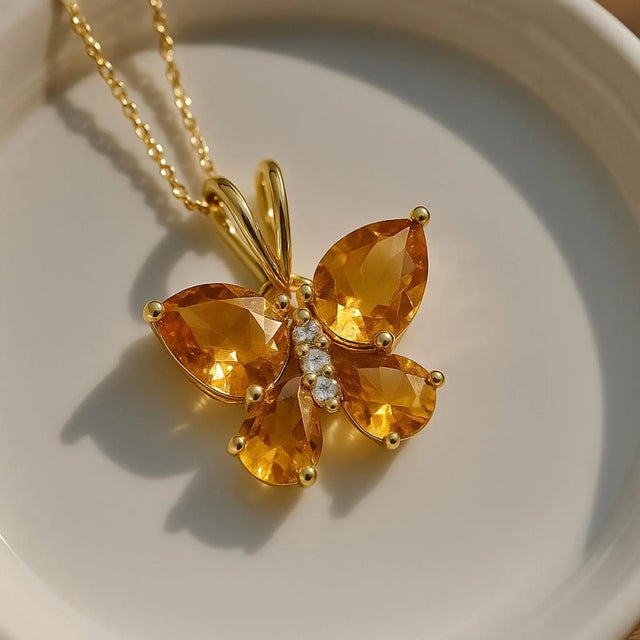 Contemporary Citrine Butterfly Gemstone Pendant Necklace in 925 Sterling Silver For Sale - Image 3 of 4
