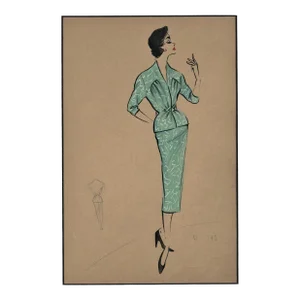 1950s Mid-Century French Fashion Drawing- Suit for the Working Woman, Matted