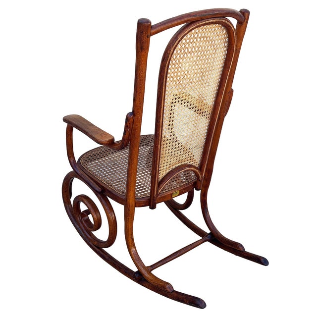 Mid-Century Portuguese Bent Oak & Caine Scrolling Rocking Chair No. 5585 For Sale - Image 9 of 11