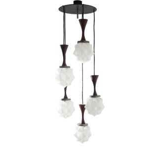 5-Pendant Chandelier in Glass, Metal, and Teak from Reggiani, 1960s For Sale