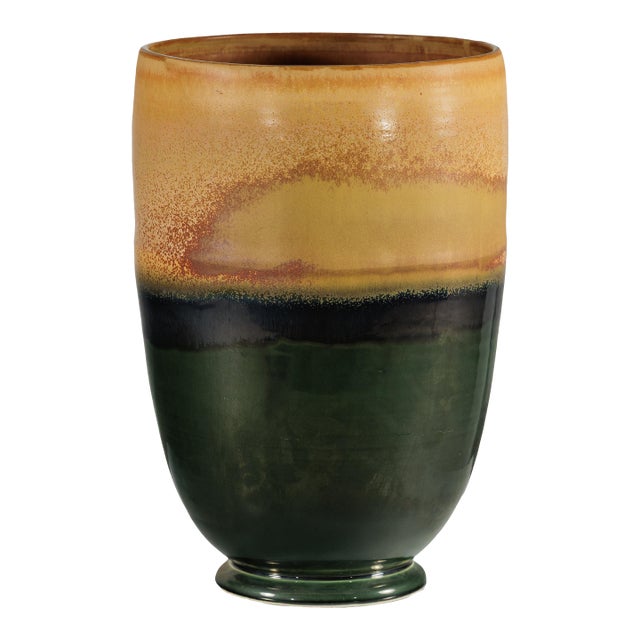 Late 20th Century Large Ochre and Green Glazed Ceramic Planter with Tiered Earth-Tone Finish For Sale