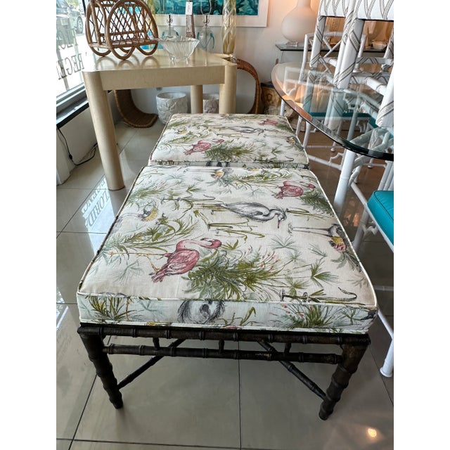 Vintage Faux Bamboo Ottomans Benches Stools Birds New Upholstery -A Pair For Sale - Image 9 of 13