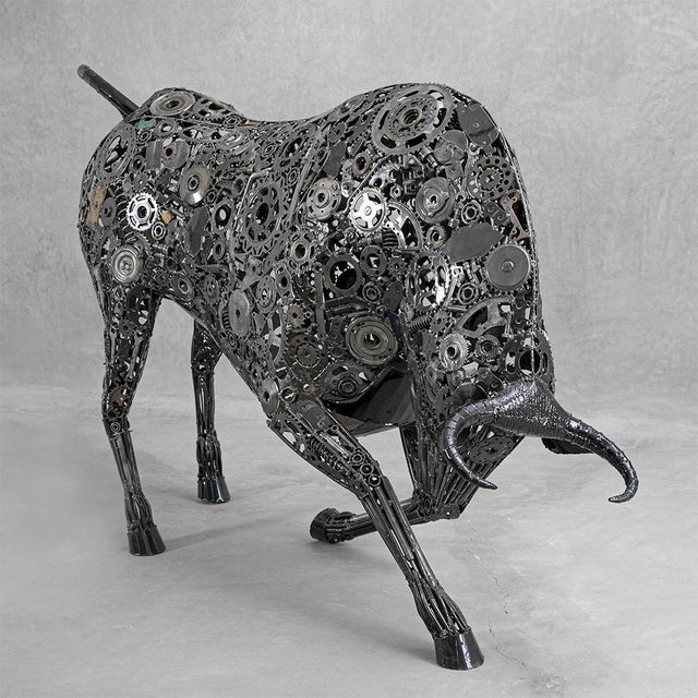Premium Handcrafted Recycled Metal Bull Sculpture | 92" X 57" | One of a Kind For Sale - Image 14 of 14