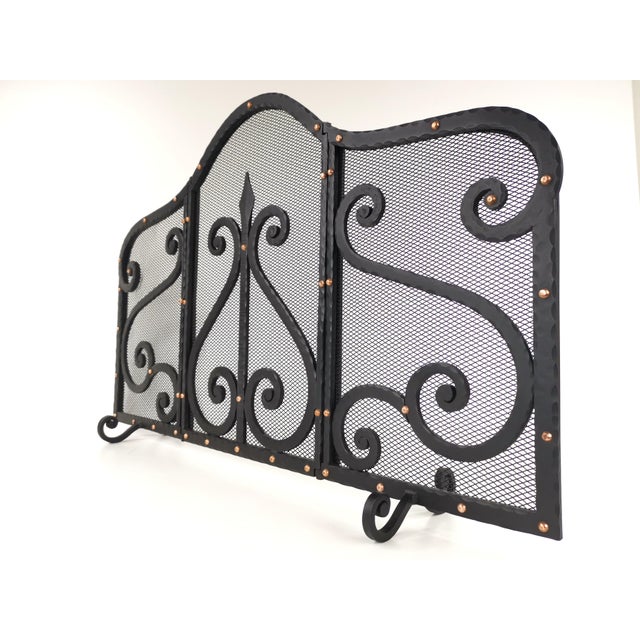 Vintage French Art Deco Wrought Iron 3-Panel Fire Screen and Spark Guard, 1940s For Sale - Image 9 of 9