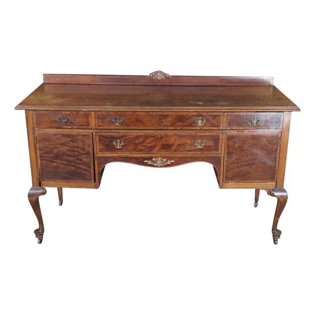 Antique French Country Queen Anne Style Mahogany Burl Buffet Sideboard Server For Sale
