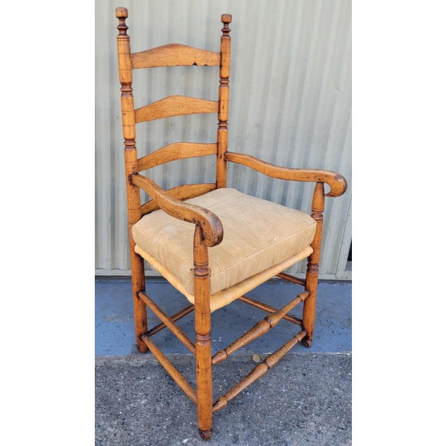 Folk Art 18Thc Pine Ladder Back Chair W/ Leather Seat Cushion For Sale - Image 3 of 8