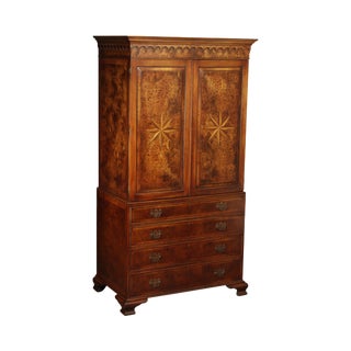 Trosby George III Style Star Inlaid Burl Wood Linen Press Entertainment Unit Armoire For Sale