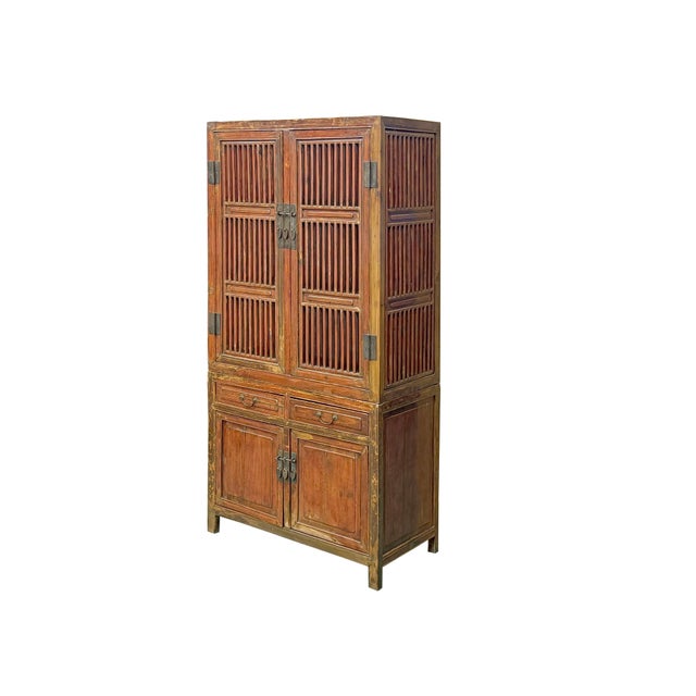 Asian Antique Vintage Brown Oriental Open Bars Doors Display Curio Cabinet Bookcase For Sale - Image 3 of 16