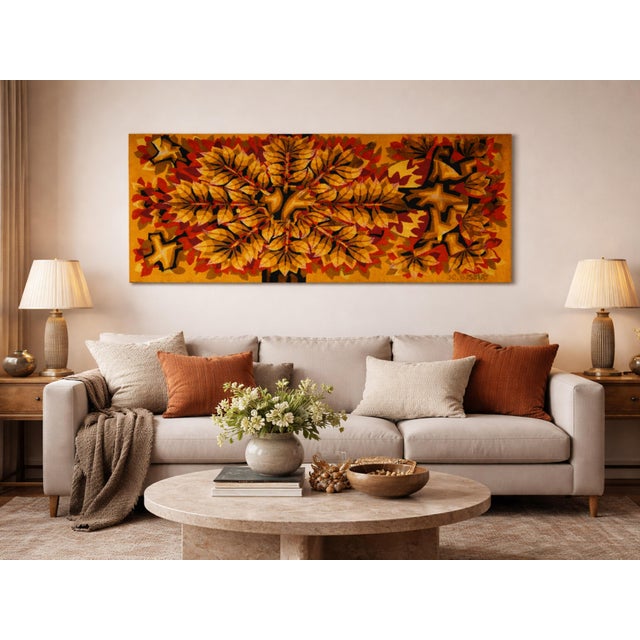 This striking wool wall tapestry by Jean-Claude Bissery showcases a bold, autumnal composition rendered in rich ochres,...