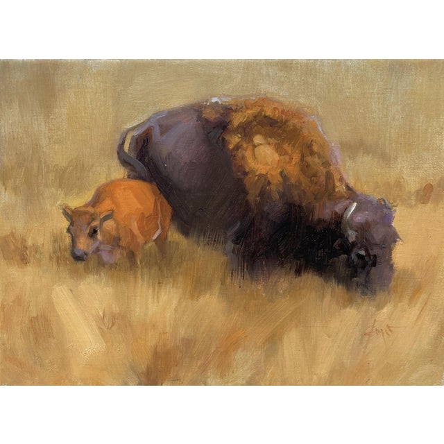 This oil on canvas piece depicts a bison and a prairie dog nestled in a sunlit, grassy landscape, evoking a sense of...