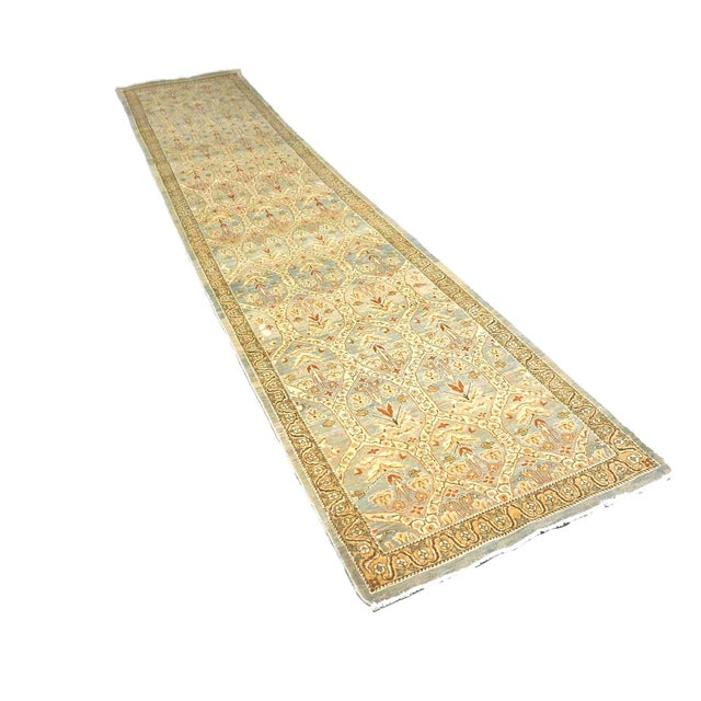 Persian Tabriz Wool 3x15 Blue & Ivory Handmade Runner Rug #1142901 For Sale - Image 4 of 7