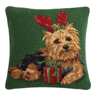 Christmas Yorkshire Terrier Hook Pillow 16" x 16" For Sale