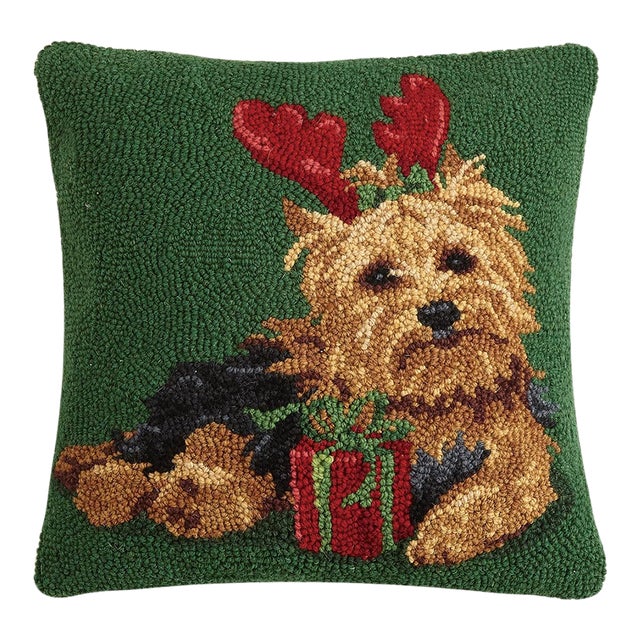 Christmas Yorkshire Terrier Hook Pillow 16" x 16" For Sale
