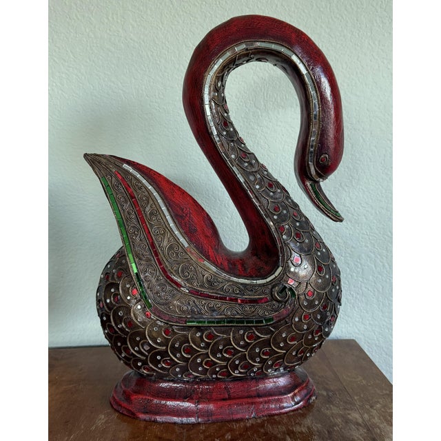 Mid 20th Century Three Large Asian Wood Carved Duck Statues With Mirror Inlay For Sale - Image 5 of 17