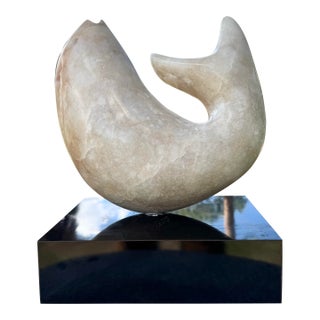 Vintage Modernist Hand Carved Marble Fish Sculpture or Black Laminate Base For Sale