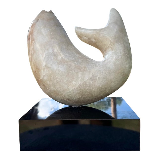 Vintage Modernist Hand Carved Marble Fish Sculpture or Black Laminate Base For Sale