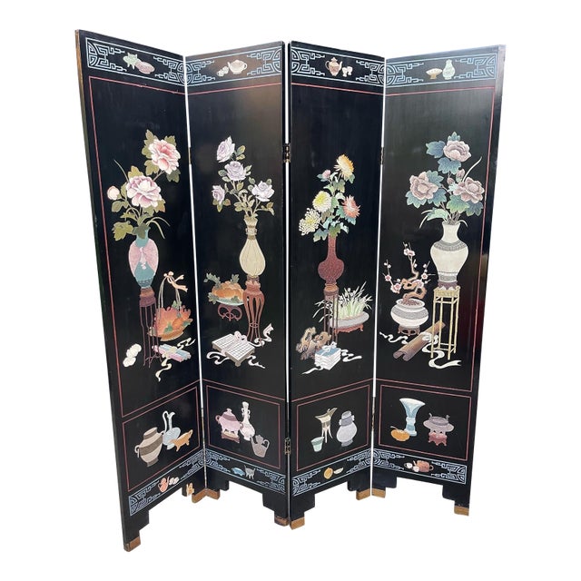 Vintage Chinese Coromandel-Style Lacquer Folding Screen For Sale