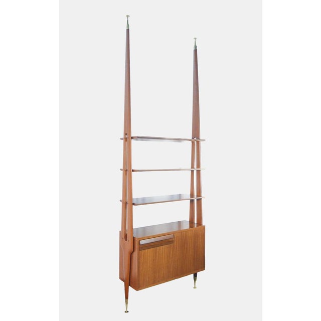 Floor-to-ceiling bookcase, italian design from the 70s, in wood, with three shelves and two drawers origin italy period...