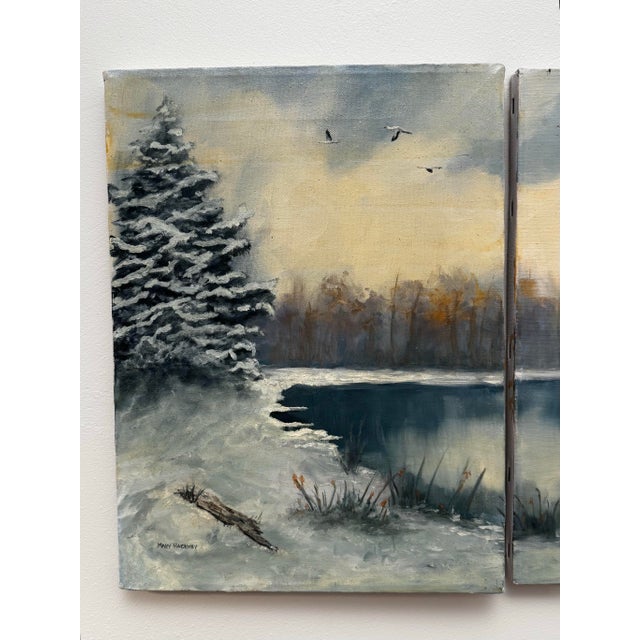 Mid 20th Century Vintage Traditional Impressionist White Winter Landscape Original Oil Painting Diptych, a Pair in Cerulean Blue, Burnt Umber & White For Sale - Image 5 of 11