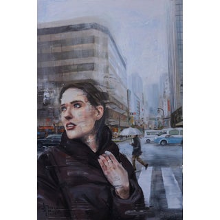 Bound by Stefan Smit | Oil on Panel Woman in a city street looking upwards on a rainy day. For Sale