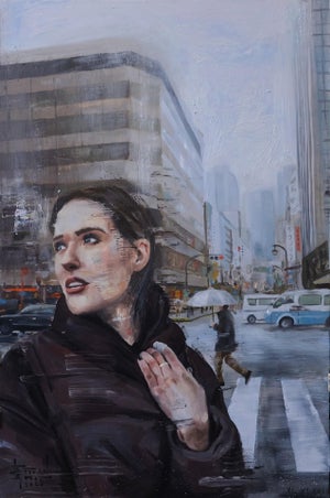 Bound by Stefan Smit | Oil on Panel Woman in a city street looking upwards on a rainy day.