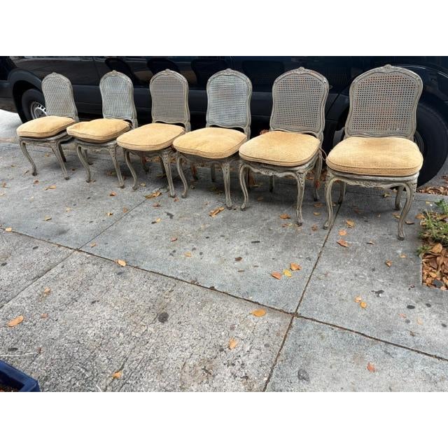 French Set of 6 Antique French Louis XVI Painted Cane Dining Chairs With Cushions For Sale - Image 3 of 12