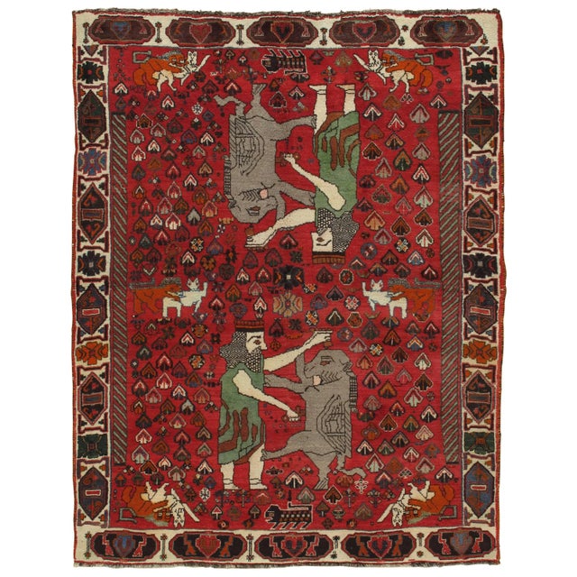 Vintage Shiraz Rug, Nomadic Handmade Wool Rug, Red, Green, Navy, Gray and Ivory For Sale In New York - Image 6 of 6