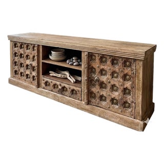 Vintage Hand-Carved Solid Wood Sideboard | Rustic Buffet Credenza Tv Console For Sale