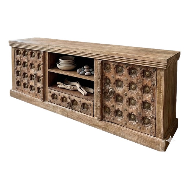 Vintage Hand-Carved Solid Wood Sideboard | Rustic Buffet Credenza Tv Console For Sale