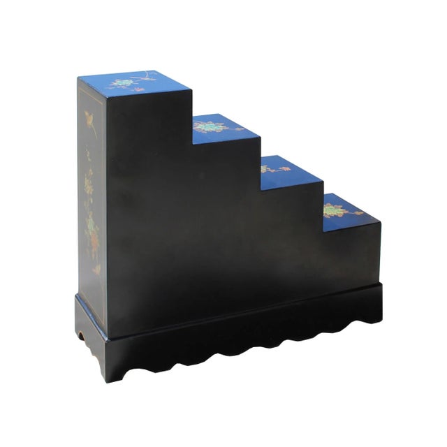 Oriental Black Color Vinyl Flower Birds Step Tansu Cabinet For Sale In San Francisco - Image 6 of 8