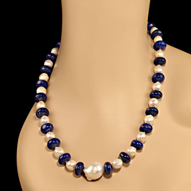 This is part of Chairish’s Fine Jewelry assortment. 20-Inch Lapis Lazuli and White Pearl Necklace with 14K Gold Vermeil...