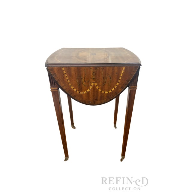 Vintage Maitland-Smith Drop Leaf Side Table With Painted Faux Marquetry, Brass Casters For Sale - Image 9 of 15