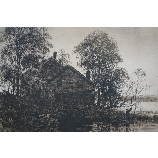 Antique Benjamin Lander Signed Waterfront House Figure in Boat Etching 21" For Sale - Image 12 of 12