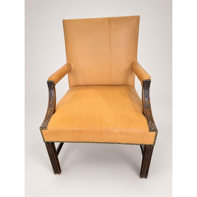 Orange Pair of Georgian Carved Mahogany Library Armchairs in Peach Leather For Sale - Image 8 of 9