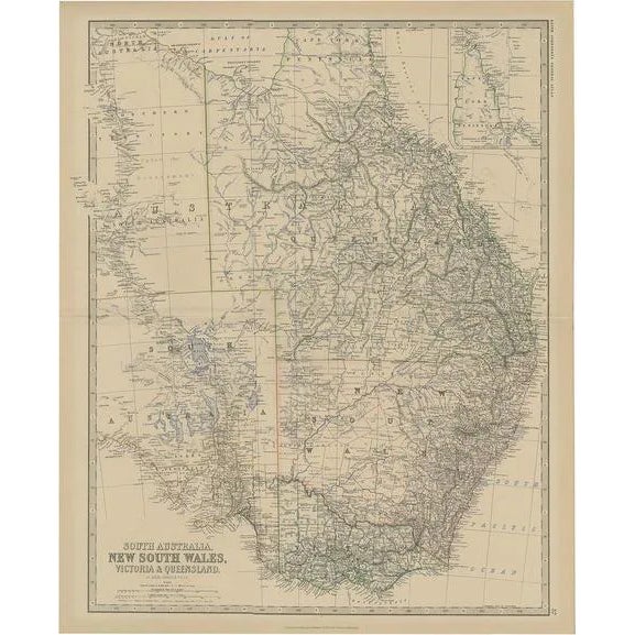 Map of Southern Australia with Inset Map of Cape York Peninsula, 1882 For Sale