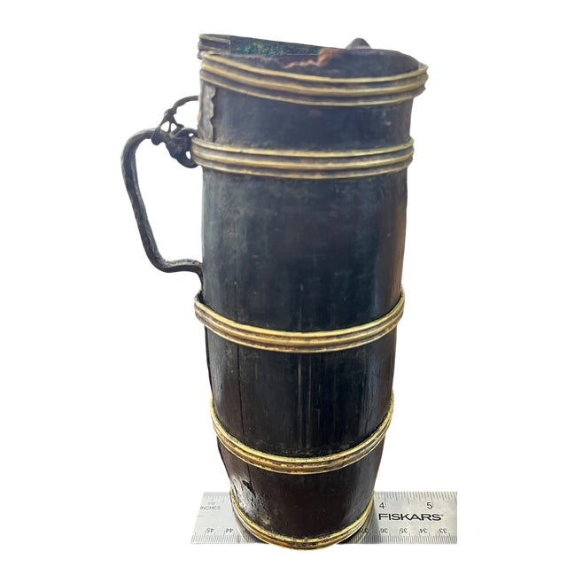 Antique Stave-Built Wooden Flagon / Tankard With Iron Handle – Primitive Folk Art Vessel For Sale - Image 9 of 10