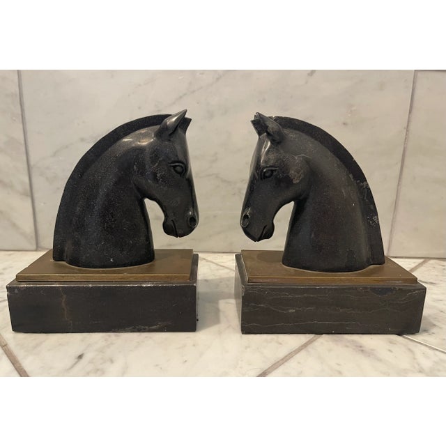 Mid-Century Modern Pair of 1930s Art Deco Black Marble and Brass Horse Head Bookends For Sale - Image 3 of 12