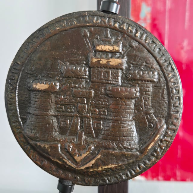 Metal Renaissance Bronze Costanzo Sforza Medal on Custom Stand, After Enzola, Castle of Pesaro, 3-Inch Cast For Sale - Image 7 of 9