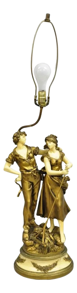 Antique French Renaissance Moreau Figural Metal Table Lamp, Wife & Farmer