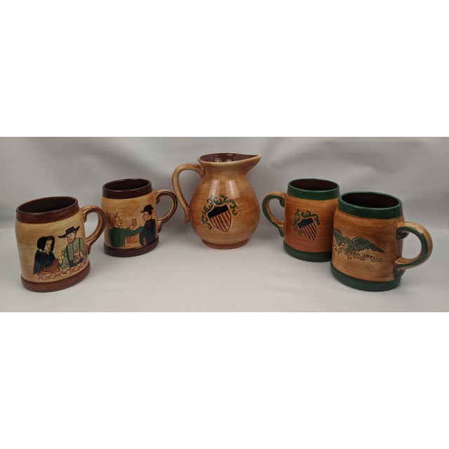 Mid 20th Century Vintage Pennsbury Pottery Pennsylvania Dutch Pitcher & Mug Set - Five Pieces For Sale - Image 5 of 17