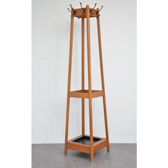 Mid-Century Modern Oak Coat Stand with Integrated Umbrella Holders and Drip Tray, 1950 For Sale - Image 4 of 18