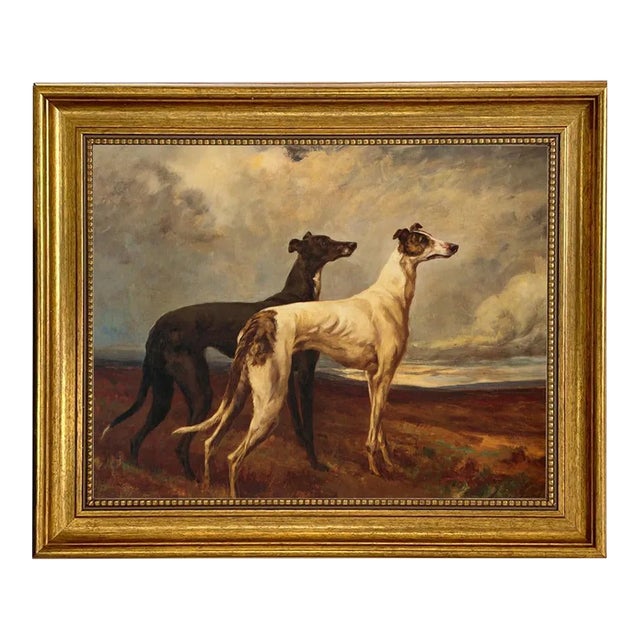 "Greyhounds in Field" Print on Canvas in Antiqued Gold Frame- 11" X 14" Framed to a 14-1/2" X 17-1/2" For Sale