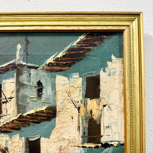 Vintage Mid-Century Palette Knife Oil Painting, Mediterranean Village Street With Archway, Signed, Gold Frame For Sale - Image 4 of 9