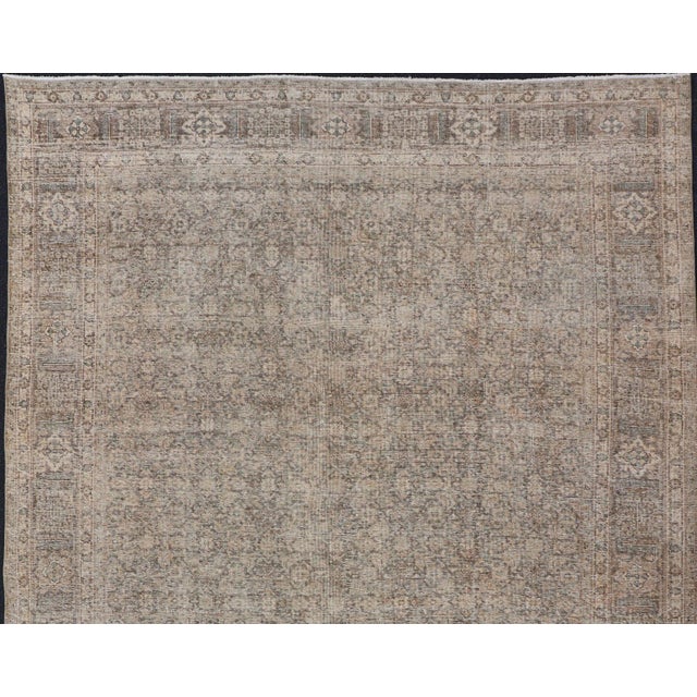 Distressed antique Tabriz in light green background, Brown, taupe and tan colors, Antique Persian Tabriz rug, rug...