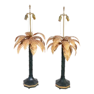A Pair Vintage Design Handmade Golden Palm Tree Table Lamp