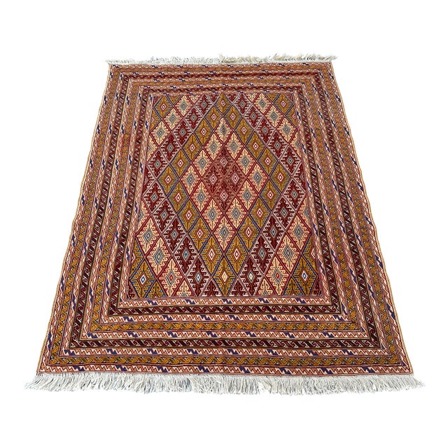 High Quality Gold Mushwani Hand-Woven Kilim Rug - 6'2" X 4'9" For Sale