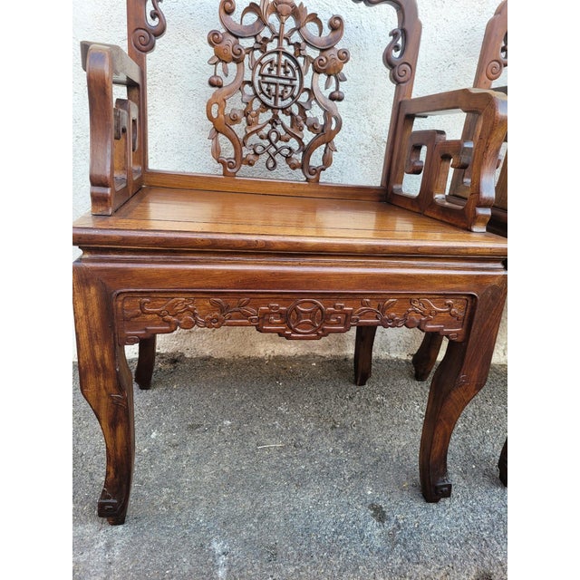 Set of Carved Wood Armchairs, China, Early 20th Century For Sale - Image 3 of 17